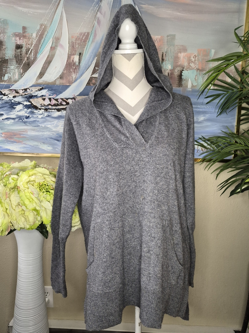 Max Studio 2 Ply 100% Cashmere Gray Hooded Knit Tunic Sweater